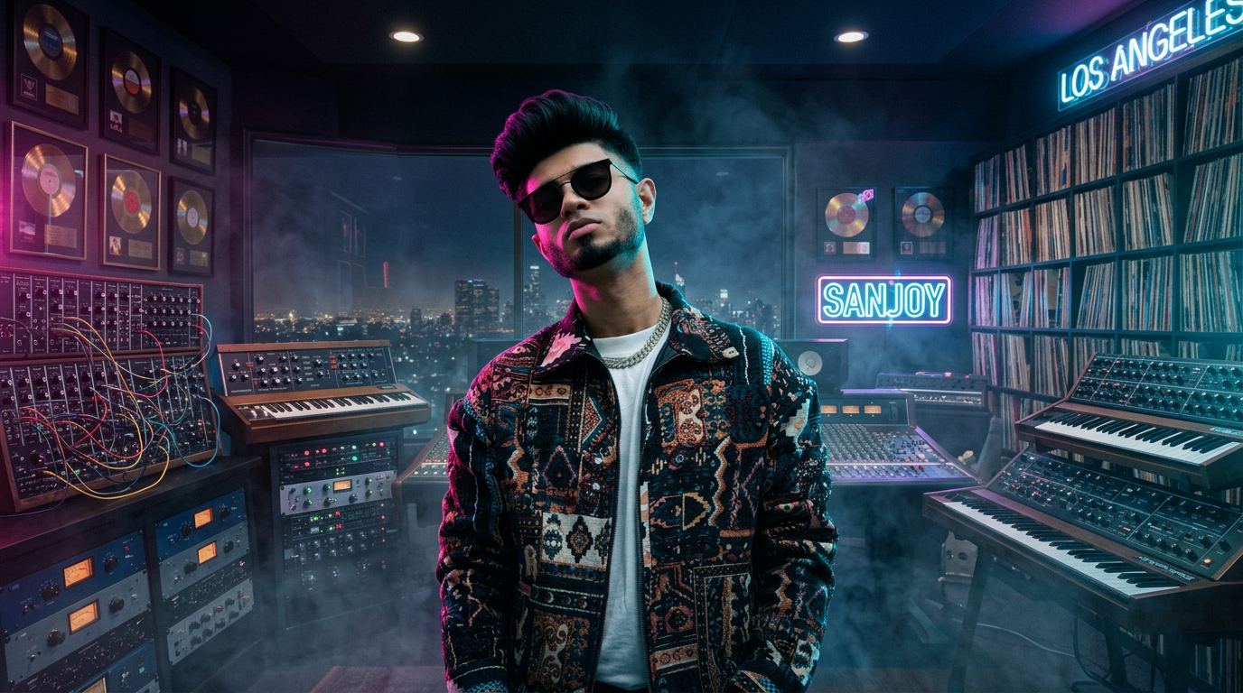 Sanjoy in a neon-lit Los Angeles studio